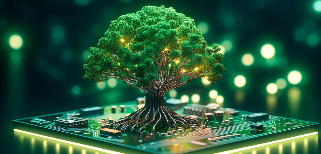 A glowing green tree emerging from an electronic circuit board, symbolizing the fusion of technology and sustainability.