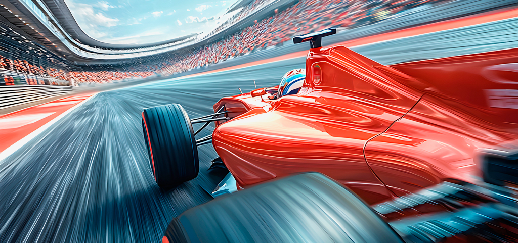 Red Formula 1 car competing on a racetrack.