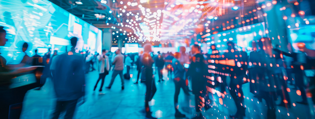 Asistentes en un evento tecnológico rodeados de pantallas LED y efectos de luz digitales