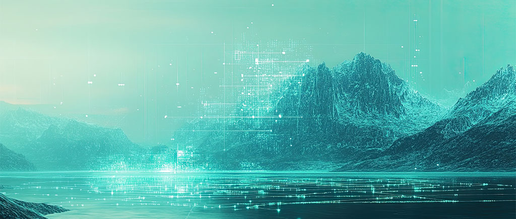 Illustration of a futuristic landscape with mountains, a lake, and glowing digital elements