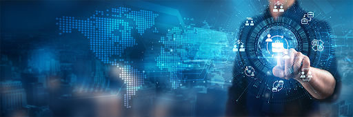 Person interacting with a digital interface showing artificial intelligence and global network icons.