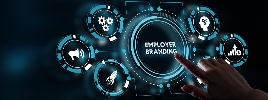 Hand touching a digital screen with the text “EMPLOYER BRANDING” surrounded by business and HR icons