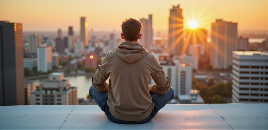 Person sitting cross-legged on a rooftop overlooking the city skyline at sunset